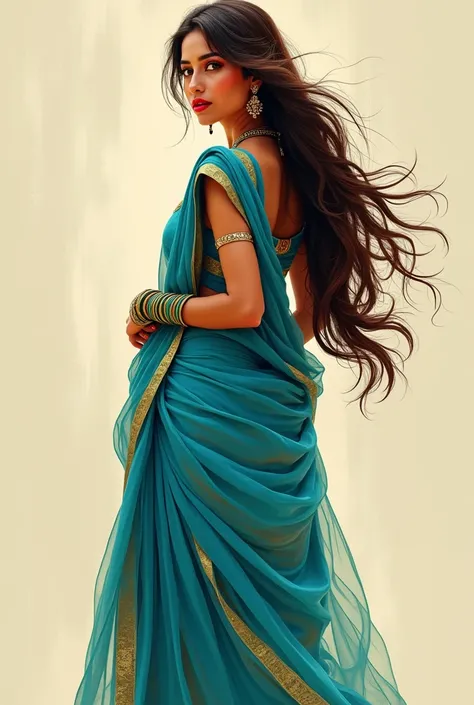 Full 
Indian touch lady, wear blue salwar or suit, light red lips, and brown sandels, long brown hair, green bangles, back