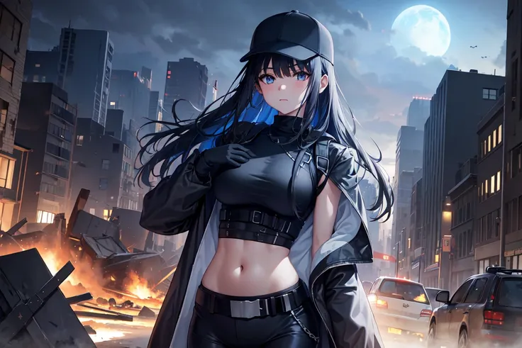 saori joumae, wide hips, torn clothes, massive hips, apocalypse, destroyed city, ruins, dark sky, from front, belt, black headwe...