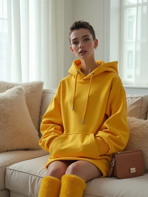 Hot model wearing big long oversized yellow hoodie fuzzy thigh high boots  skirt heavy make-up, collared, sexy skinny hour glass body figure, , sexy legs, pretty face, Bomb, Sexy body, sensual look, cozy living room white aesthetic, fuzzy coach with fuzzy ...