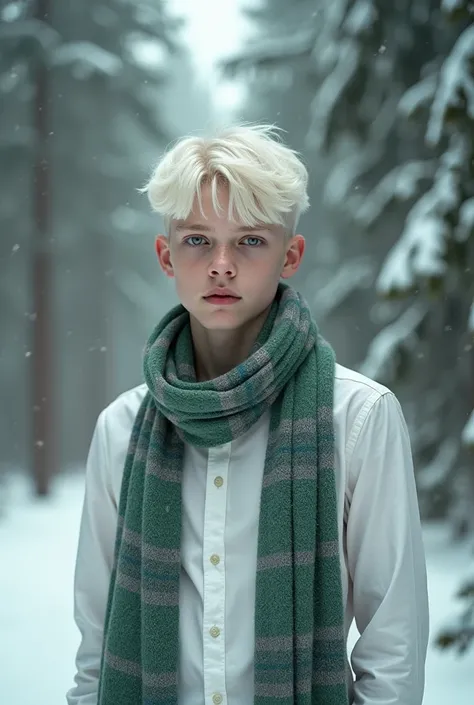 Handsome 1 teenage boy young man, faceclaim Colin Ford. Face claim of Colin Ford. Albino with very pale skin, white-blonde hair, and bluish gray eyes. Background of snowy gray pine forest. Dressed in white button up shirt and green and silver striped wool ...