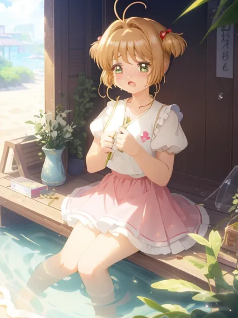 masterpiece, best quality, highres, (5girls), (multiple girls:1.5), blush, anime CG style, good lighting, desert, sand, (quicksand, partially submerged), (upset, tears in her eyes), kinomoto sakura, aichan, breasts