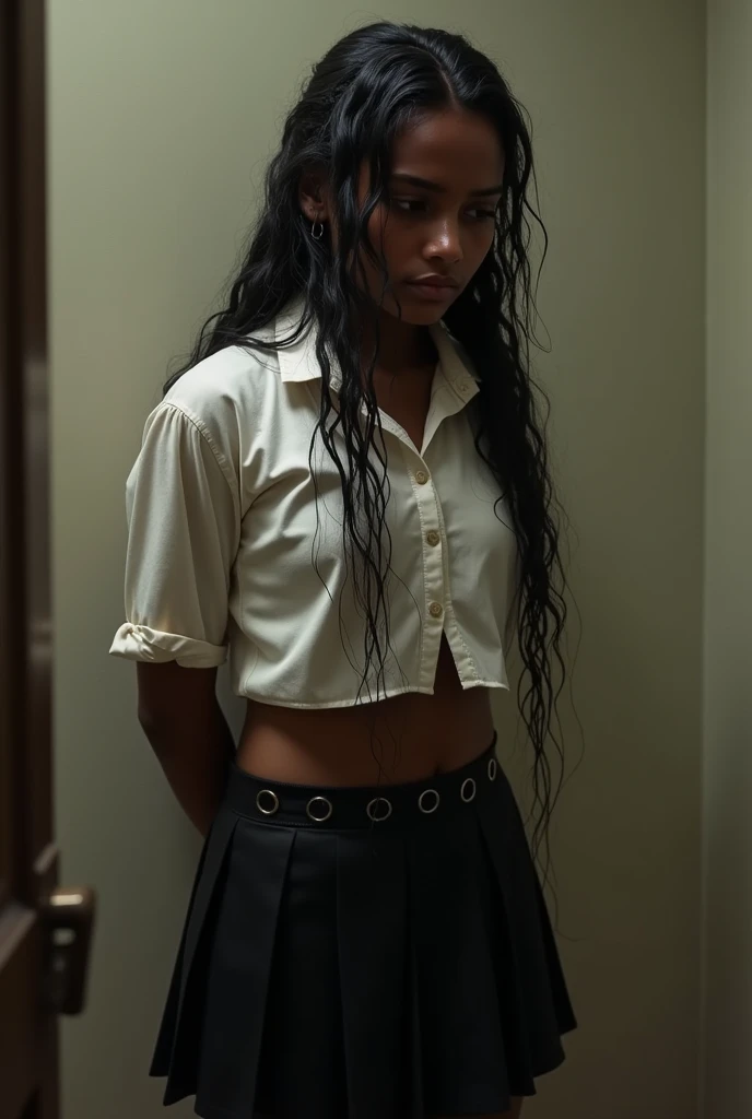 1,4 realistic school girl skimpy school uniform hindu slave indian , shows hair. dark skin hurt face, beautiful, black braided long hair,b bitgag mouth gag b crying and very (hurting), full body, hands bound eyes down slave full in body, wear ONLY very sho...