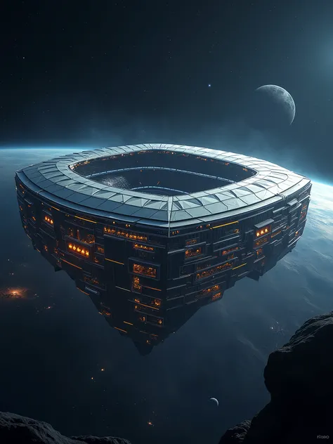 Giant futuristic football stadium floating in space.