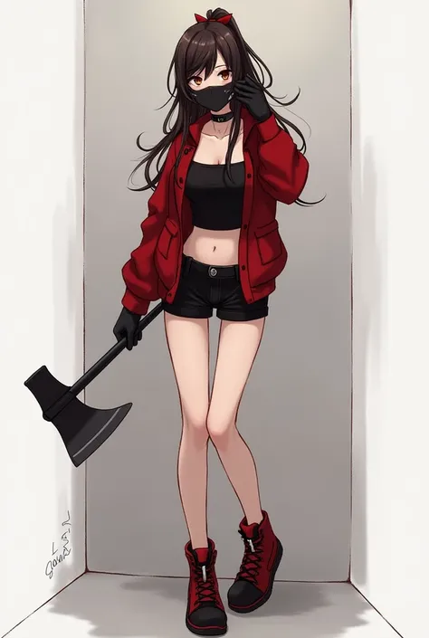 
 ((best quality: 0.8))((masterpiece)) 1 girl, long hair tied in a ponytail, dark brown red pussy, 
fair skin, 
brown eyes, short black blouse, red jacket, black gloves, red and black Jordans, black jeans, black mask that covers the mouth, 
Pretty face ax ...