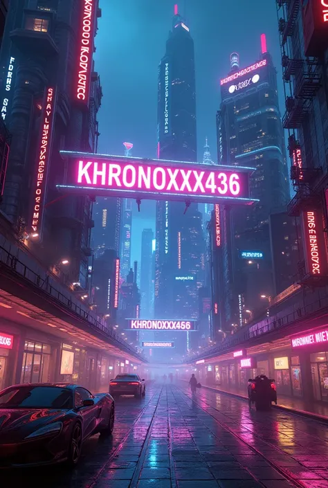 Generates an image of a futuristic city with neon lights, that evokes technology and music. Includes elements such as illuminated skyscrapers and neon effects. Add the name &#39;khronoxxx436&#39; in a prominent neon style on the image to reflect a digital ...