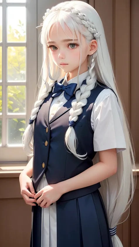 long braided hair, White hair accessories, Navy blue and white school uniform, pin on vest, standing posture, interior background, soft natural lighting from the left, calm and disciplined atmosphere, Front view, sharp focus on the subject.