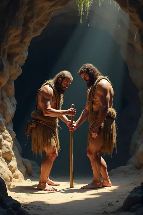 Cavemen drawn measuring a cave with a stick 