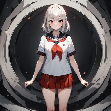 1girl,Solo,red eyes,masterpiece,fullbody,straight-on,pale hair,mediumhair,looking_at_viewer,masterpiece,best quality, very aesthetic,absurdres,sailor shirt