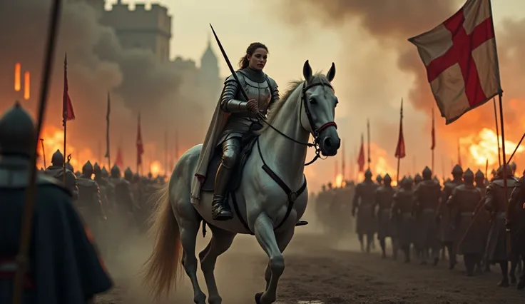 A cinematic and dark portrayal of Joan of Arc liberating Orléans shows her in full armor, riding a white horse through a smoke-filled battlefield, leading her troops with divine purpose. Her banner, emblazoned with religious symbols, flutters in the wind a...