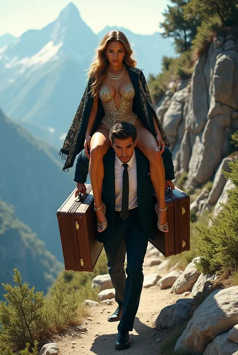 Sexy millionaire woman climbs a mountain on her butler&#39;s shoulder while he carries all her suitcases 