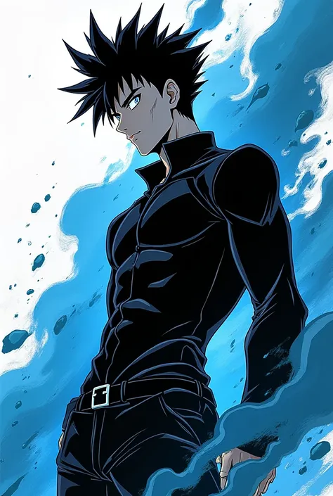 Man in anime style in black and blue style and with word Max