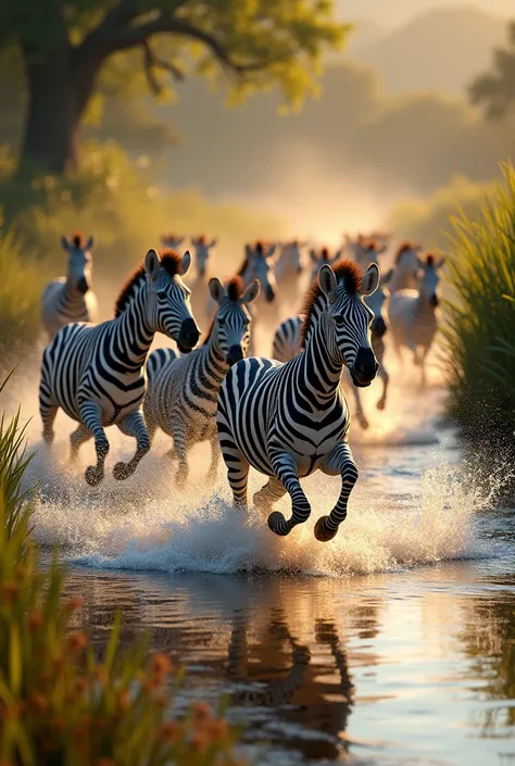 HERD OF ZEBRA RUNNING IN THE WATER 



