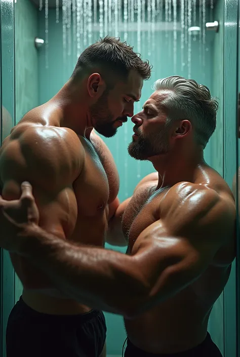 Two muscular bodybuilder, really really hairy chest, man with dark short silver hair, wearing only worn grey tight underwear showing gigantic bulge, shirtless, with massive hairy pecs, really hairy armpits, heavily wet skin, big arms, massive trapezium mus...