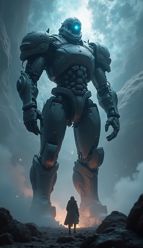 a giant armored figure among the stars,intricate celestial background,dark moody lighting,dramatic atmosphere,epic sci-fi scene,intense cinematic lighting,highly detailed 3D rendering,volumetric fog,glowing energy effects,complex mechanical design,complex ...