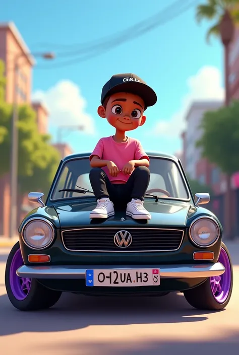 Pixar style image of a dark-skinned boy with brown hair wearing a black cap, short hair, a pink shirt, black pants and white tennis shoes and on top of the hood of a classic black Jetta A3 car with purple rims and a Chihuahua license plate 
