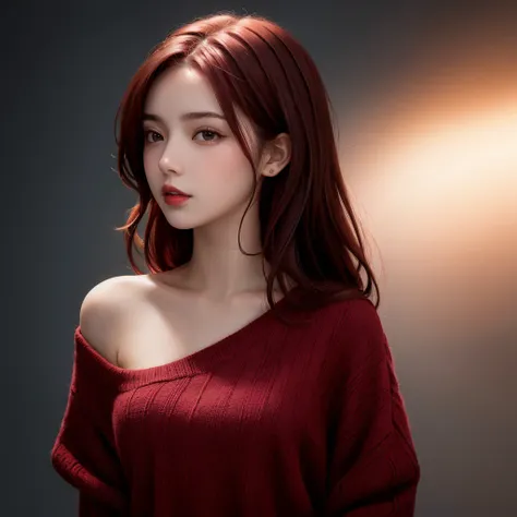 girl with beautiful dark red hair, clear solid background