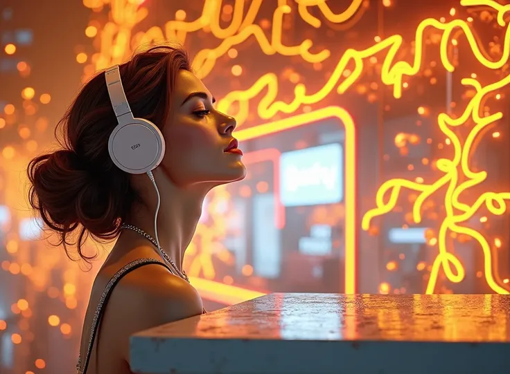 Sonam Kapoor look a like, glowing wires, headphone,  dark city, reflective puddles, neon signs,, Photorealistic, Hyperrealistic, Hyperdetailed, analog style, soft lighting, subsurface scattering, realistic, heavy shadow, masterpiece, best quality, ultra re...