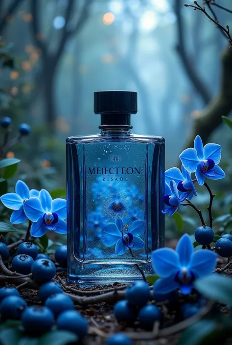 un parfum pour homme à lodeur de myrtille, dorchidée bleue, et de bois combiner dans un sublime flacon poser dans un magnifique décor elfique et entourer de myrtilles et dorchidées bleues