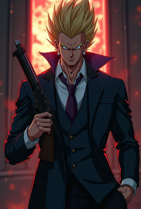 Prince Vegeta whith italian mafia outfit and auto thomson m1928 ready for war no mercy the godfather poster anime version 