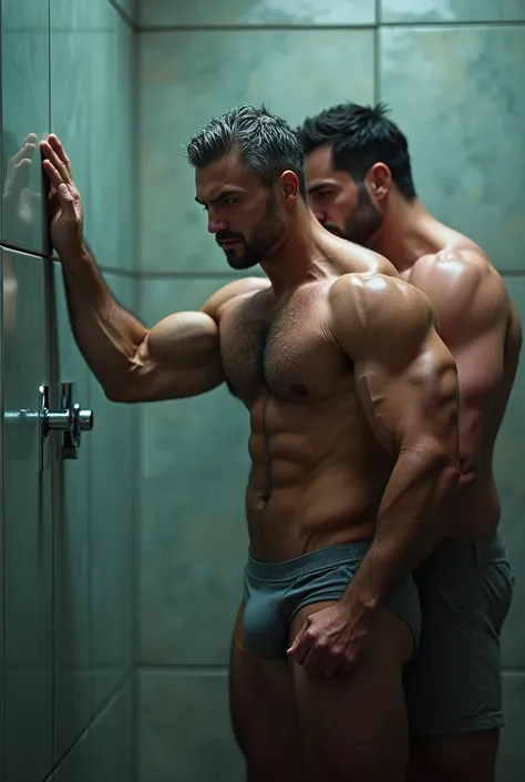 A muscular bodybuilder, really really hairy chest, man with dark short silver hair, wearing only worn grey tight underwear showing gigantic bulge, shirtless, with massive hairy pecs, really hairy armpits, heavily wet skin, big arms, massive trapezium muscl...