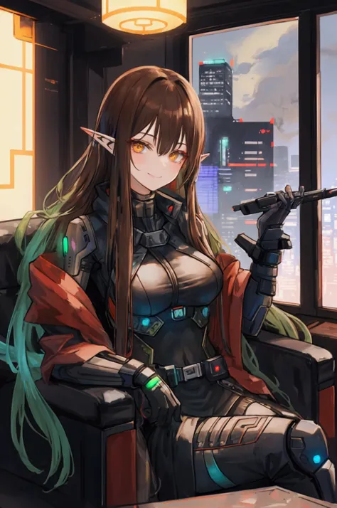 Setting is Shadowrun. Cyberpunk Elfgirl, 180 cm tall, smiling, long brown hair, sitting on a chair in the living room. Evening. Cozy. 