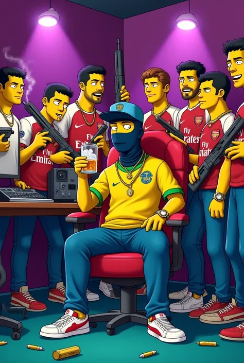 Draw in perfect images draw a young man in the style of the simpsons wearing a balaclava mask, a Vasco da Gama Brazilian team shirt, wearing a Nike cap, wearing Nike sneakers, he is wearing gold chains, gold rings, and a gold watch. He is sitting in a chai...