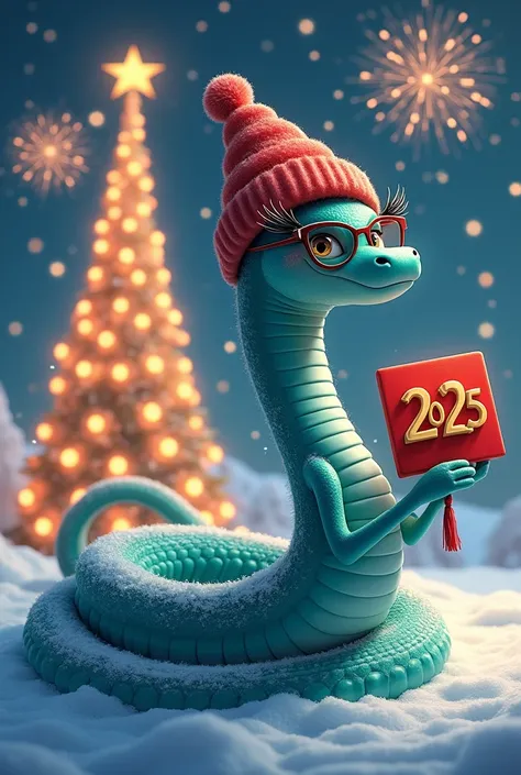 glamorous fashion snake with long eyelashes at the Christmas tree2025,snowовик ,night, winter, New Year holiday,large decorated Christmas tree,snow, Cold,firework, snowовик, blue-green snake beauty with glasses in a hat congratulates everyone on the holida...