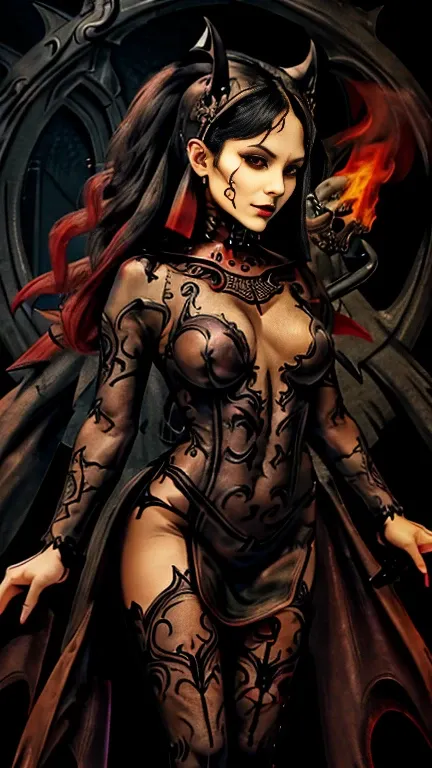 4K Realistic, highly detailed photograph of a dark demon shrouded in smoke. a gothic woman with red eyes. Gothic woman wearing a gothic mesh maxi leather dress decorated with skulls and bones. Face and body realistic in highest detail. The background of th...