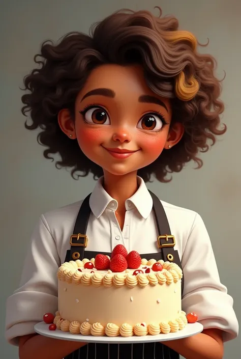 Confectioner drawing, eyes browns, rounded face, brown skin, few freckles, voluminous curly brown hair with blonde highlights, in uniform with a cake in his hands 