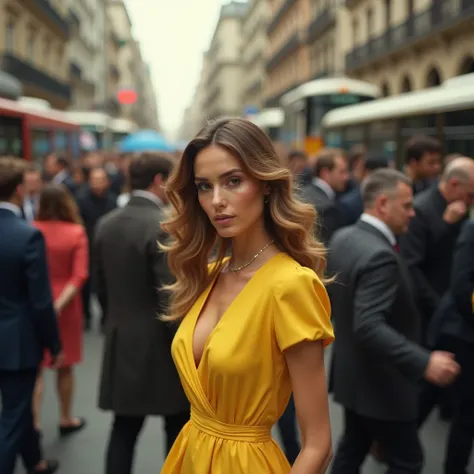 Realistic photo of a crowd getting off a bus at a bus station, POV shot, blurred effect on the crowd, highlighting only a beautiful woman wearing an egg-yellow dress, natural lighting, urban setting, Greg Rutkowski, Steve McCurry, Norman Rockwell