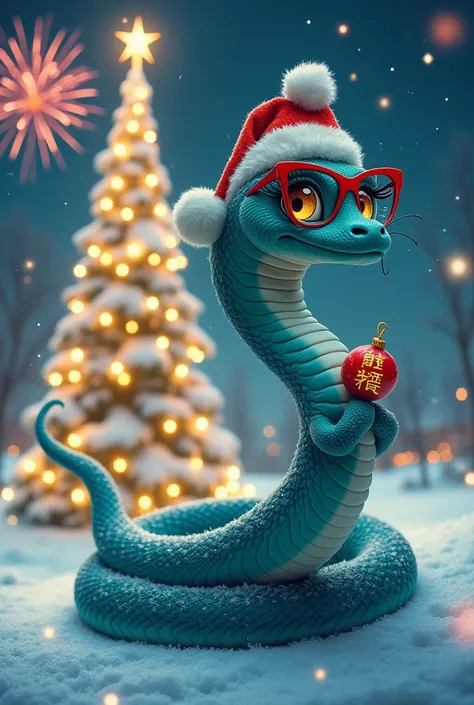 glamorous fashion snake with long eyelashes at the Christmas tree2025,snowовик ,night, winter, New Year holiday,large decorated Christmas tree,snow, Cold,firework, snowовик, blue-green snake beauty with glasses in a hat congratulates everyone on the holida...