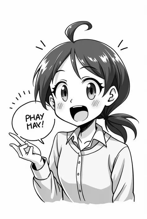 Create the same black and white manga college girl but this time make her excited with a speech bubble on top