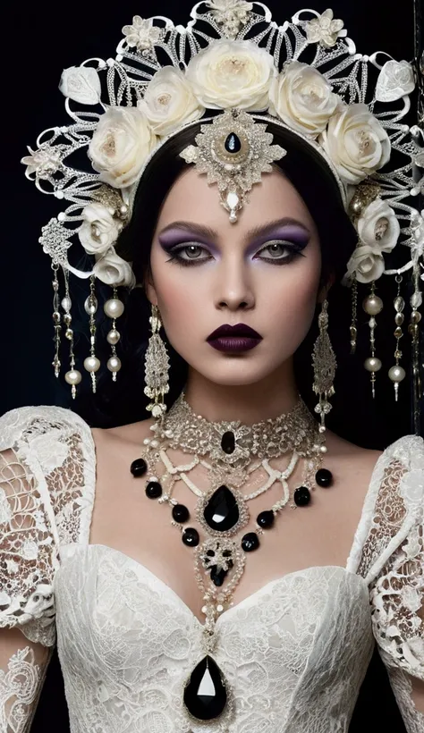 High-fashion portrait photograph featuring a woman with fair skin and striking facial features. She has dark, straight hair and is adorned with an elaborate, intricate headpiece made of white lace, beads, and translucent materials, giving a floral and ethe...