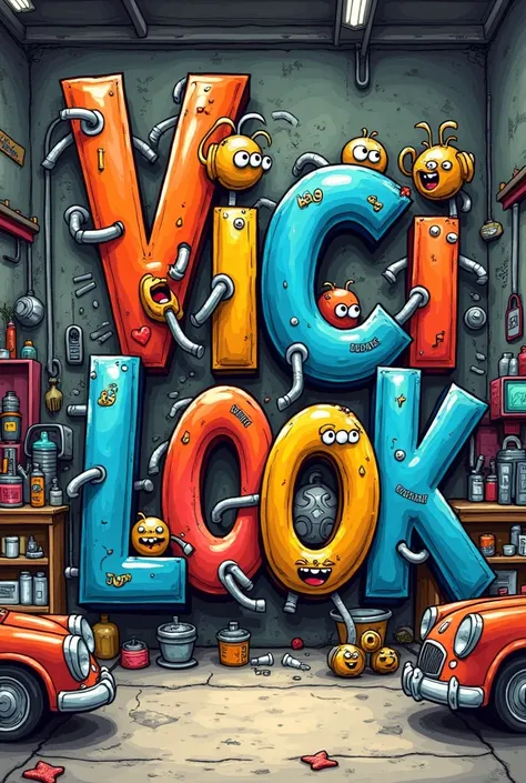 Doodle the word ‘Vicilook’ with a auto repair workshop theme