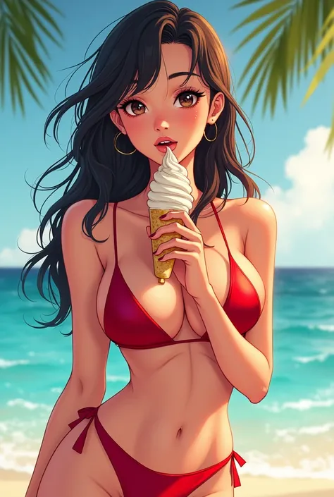 Fille manga sexy avec un bikini rouge entrain de manger une glace