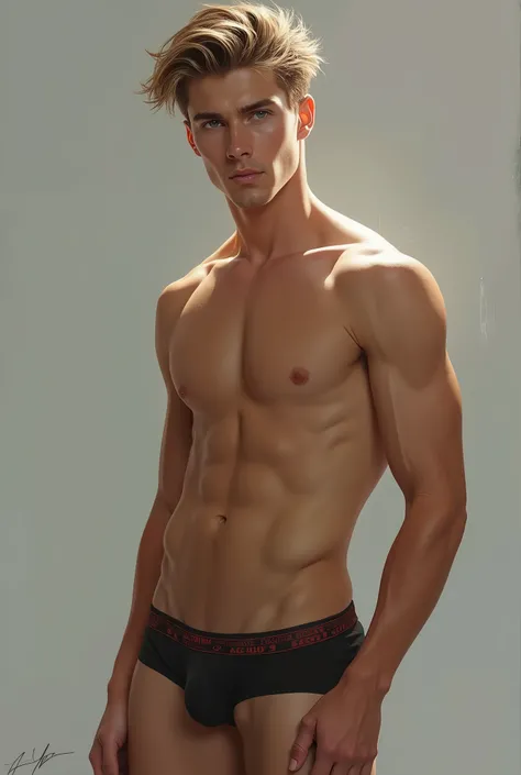 a young man with dark blond hair and gray eyes, a well-defined body wearing sexy underwear
