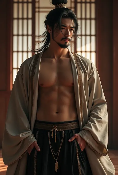 I created for myself a profile picture of a Korean Asian male prince with big hair, bearded, hot busty and attractive, asshole, and rolls marking on the pants. very eye-catching