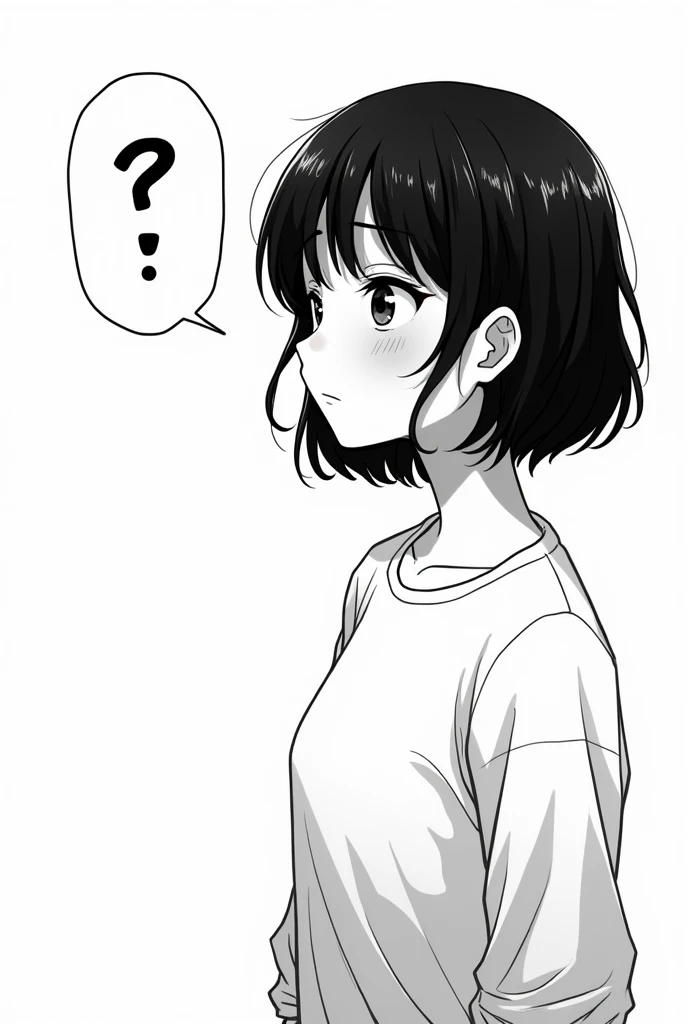 Create the same cute black and white manga college girl but this time questioning herself with a speech bubble on top focusing only on the upper part of her body