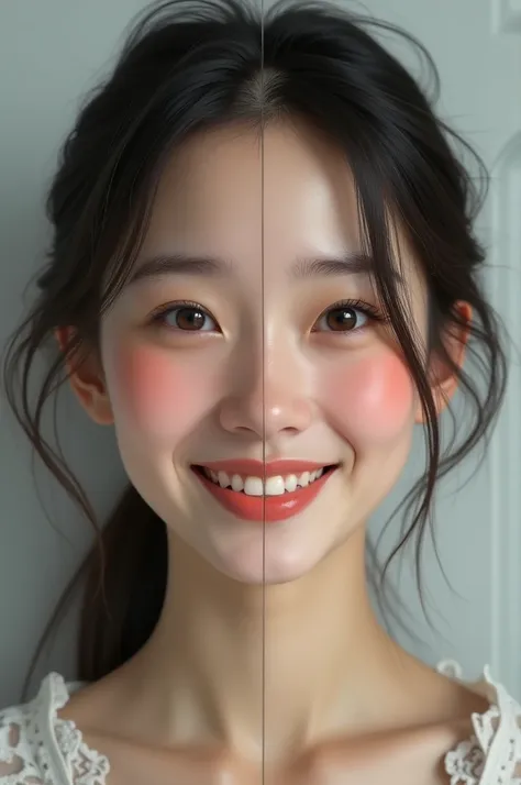 A girl face separated into 2, the other side shows happiness while the other side shows anxiety and depression 