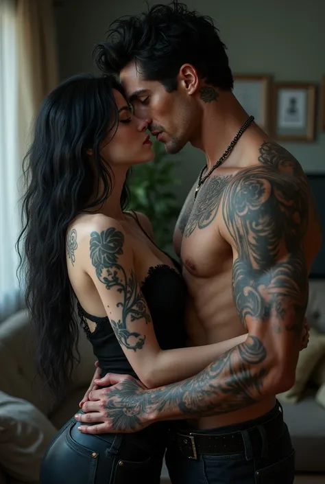 Uma mulher Caucasian skin pálida, com Bblack hair e longo, blue colored eyes, rosy cheeks, tattooed, black clothes. And a tall young man, masculine, Caucasian skin, Bblack hair, blue colored eyes, tatuados, black knitted blouse and pants. They are giving a...