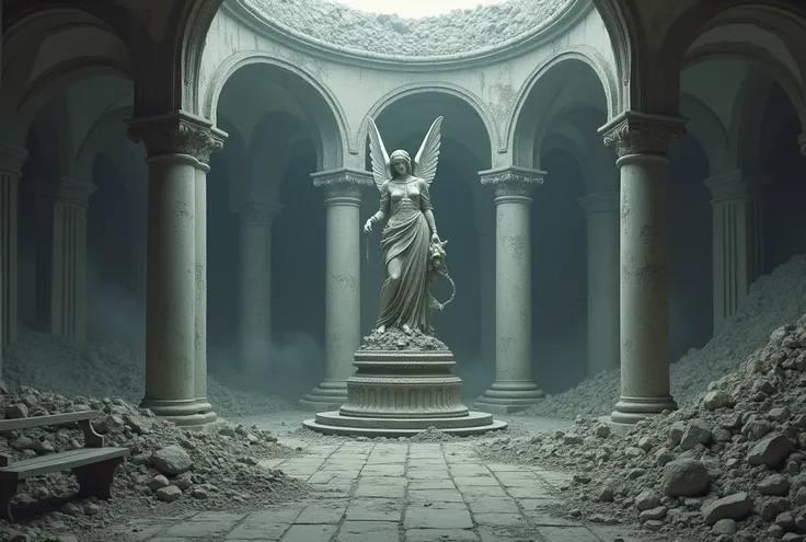 an abandoned and dilapidated temple, the main color is gray, no roof, rubble everywhere, the angel statue is completely broken, there are benches inside