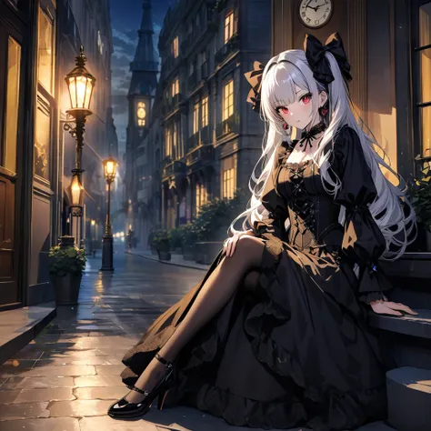 (Masterpiece), Ultra High Quality, Super detailed, 4K, 8K, Super Beautiful CG.
Solo young girl, Full body images.
Create an image in a Gothic-Lolita style-featuring a her with an indifferent expression red eyes and very long white hair-styled in twin tails...