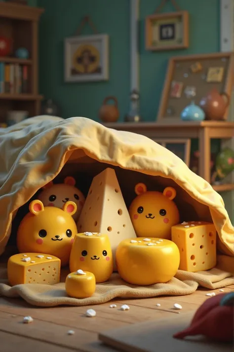 create an image where there are several cheeses under a bed