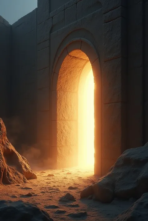 Image of the Jewish tomb of Jesus,with the stone rolling to close the open tomb,coming out light of power