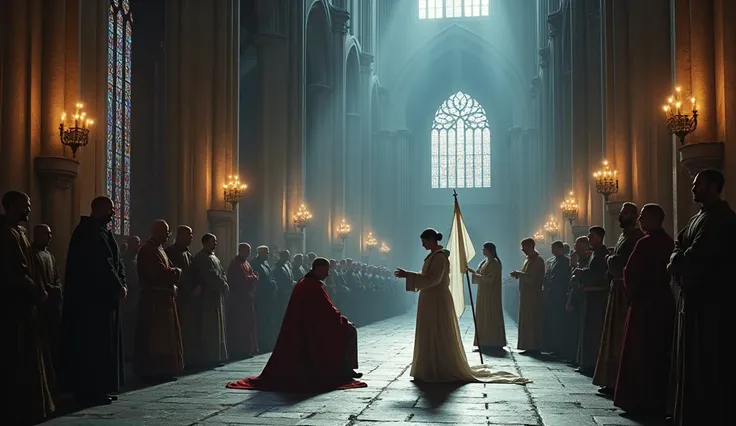 A dramatic and atmospheric depiction of the coronation of Charles VII in the grand, shadowy cathedral of Reims. The towering arches and stained glass windows cast a faint, colorful glow across the stone floor, creating an ethereal, almost divine atmosphere...