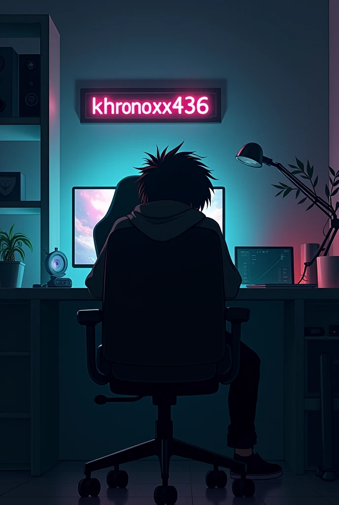 Generates an image with a melancholic atmosphere in a gamer room. It shows a boy sitting on a chair, looking left, with the face partially hidden by the shadow or hood. The boy must wear black clothes. The camera should be positioned so that you see the bo...