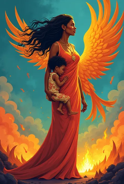 Image of mother with child that symbolizes the maternal voice ,fighting for the defense of children,transforming oppression and silencing into strength and freedom against patriarchy like the phoenix. Transforming the image obtained into something abstract...