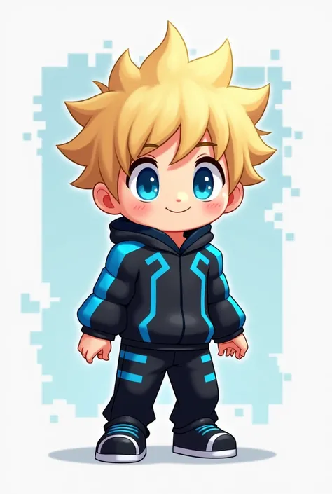 Chibi 2d minecraft blond avec des yeux bleu avec des vêtement noir avec des ligne bleu 