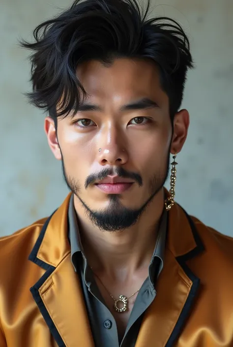 I created for myself a profile picture of a Korean Asian male prince with big hair, beard all filled in, hot busty and attractive, asshole, and rolls marking on the pants. very eye-catching, wearing gurkha pants, a pure satin silk shirt, a moccasin, silver...