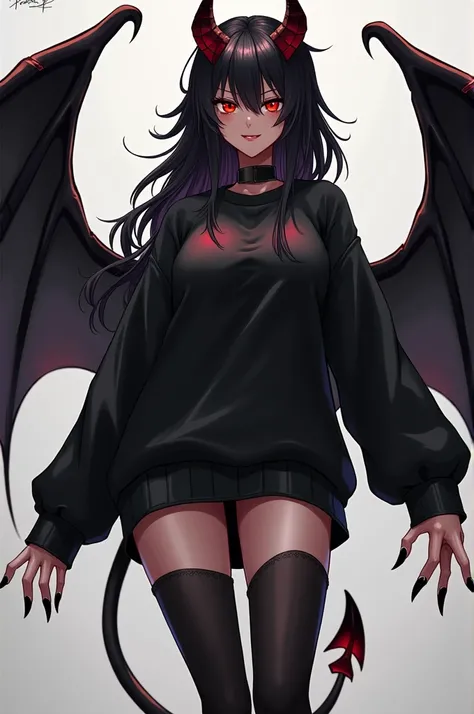 Create an anime image, with a character with dark skin, with black eyes and red pupils, with a big breast, with a black sweatshirt, with a black skirt, with a pair of big black boots, with big, sharp nails, with big black hair, with small black horns and l...